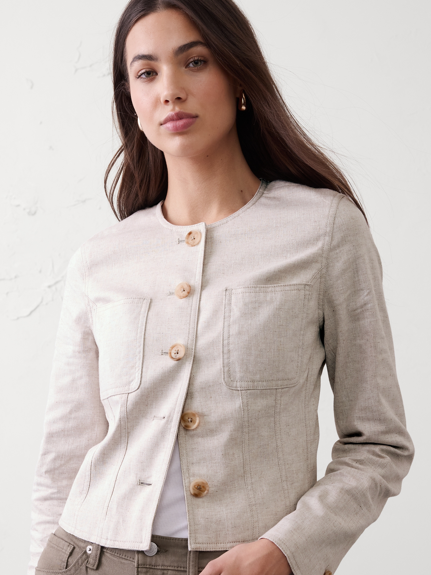 Image number 3 showing, Linen-Blend Tailored Cropped Jacket