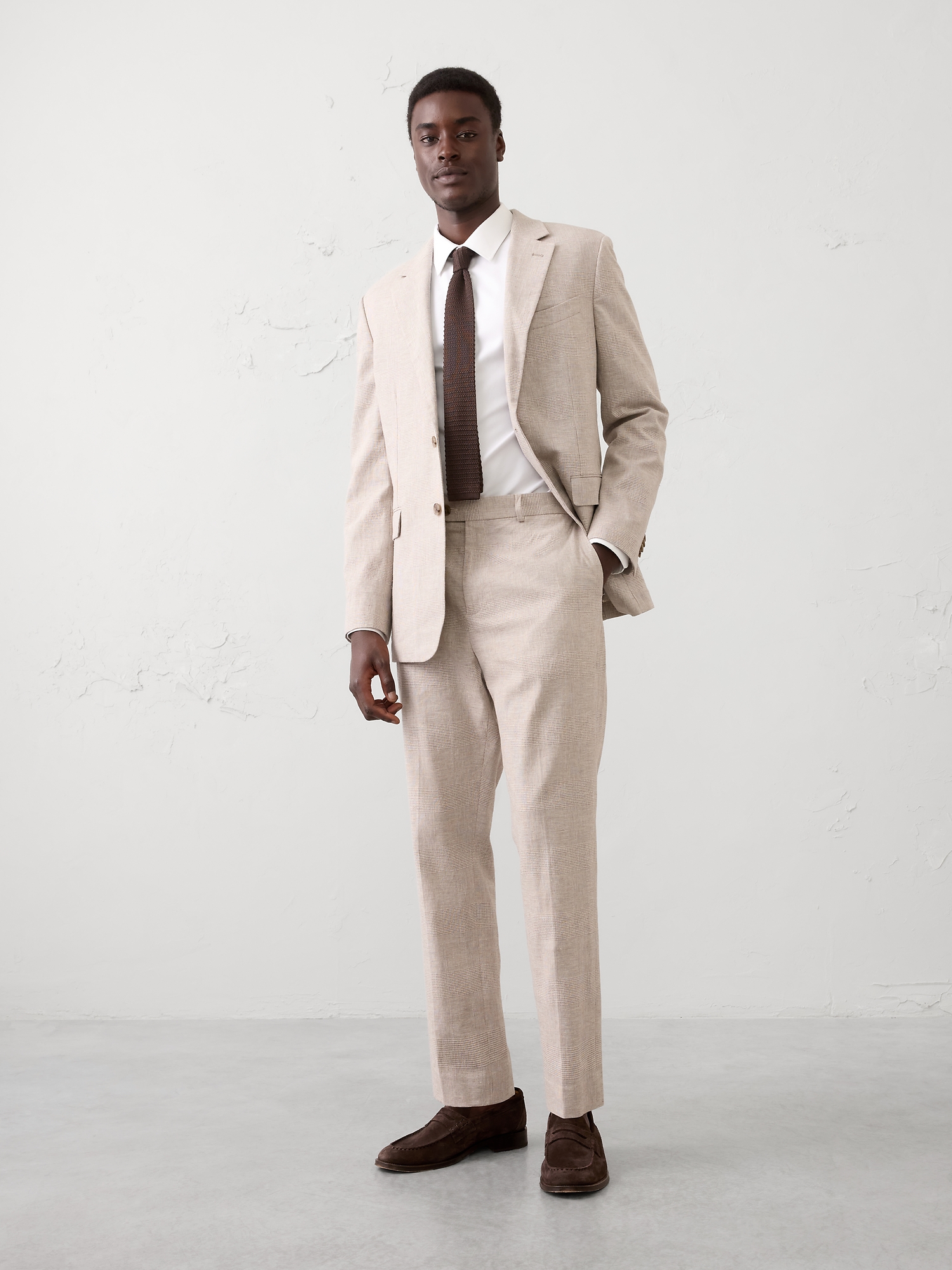 Tailored-Fit Linen-Blend Glen Plaid Suit Trouser