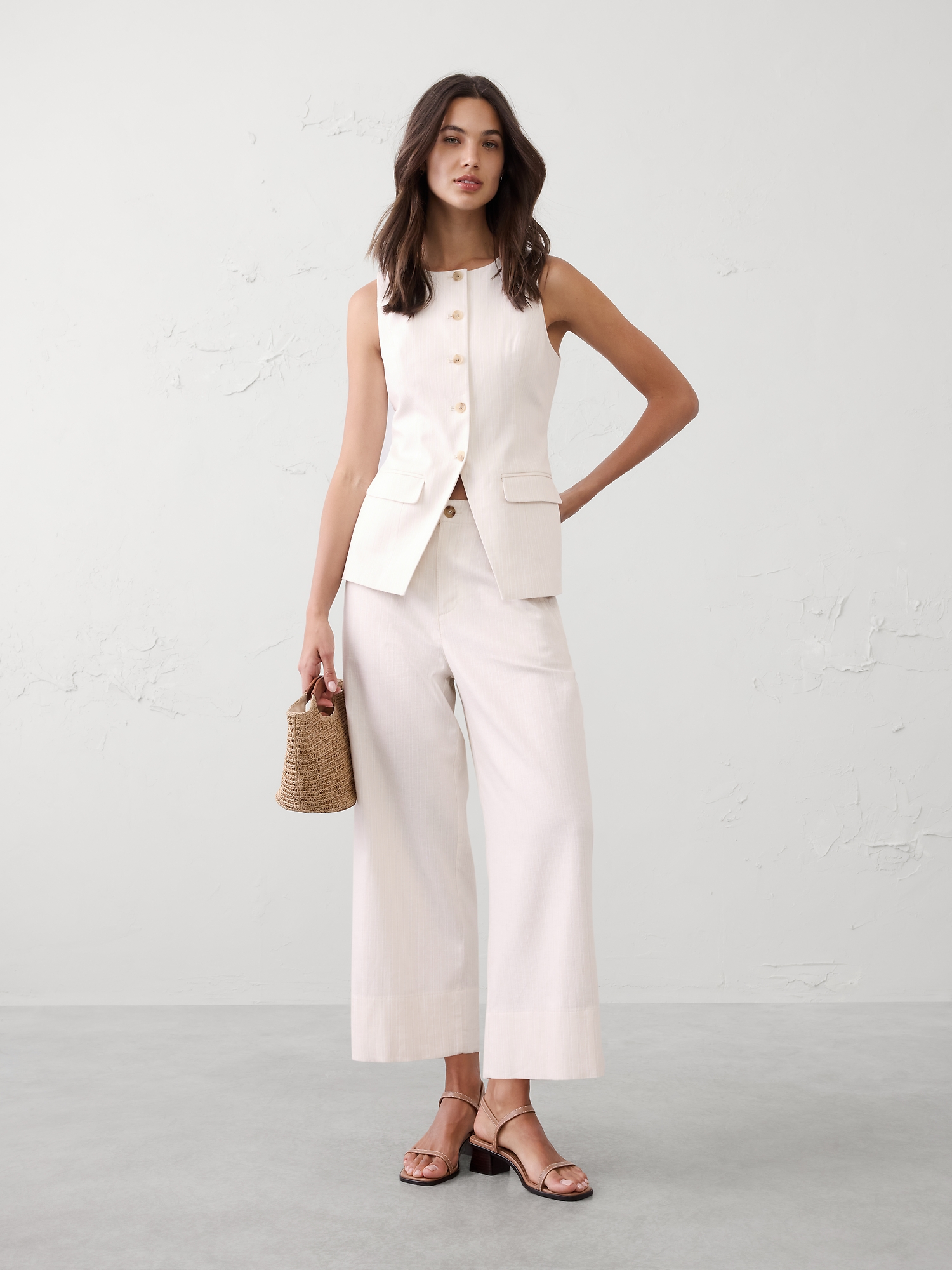 GILET LONG À DÉCOUPE EN MÉLANGE DE LIN