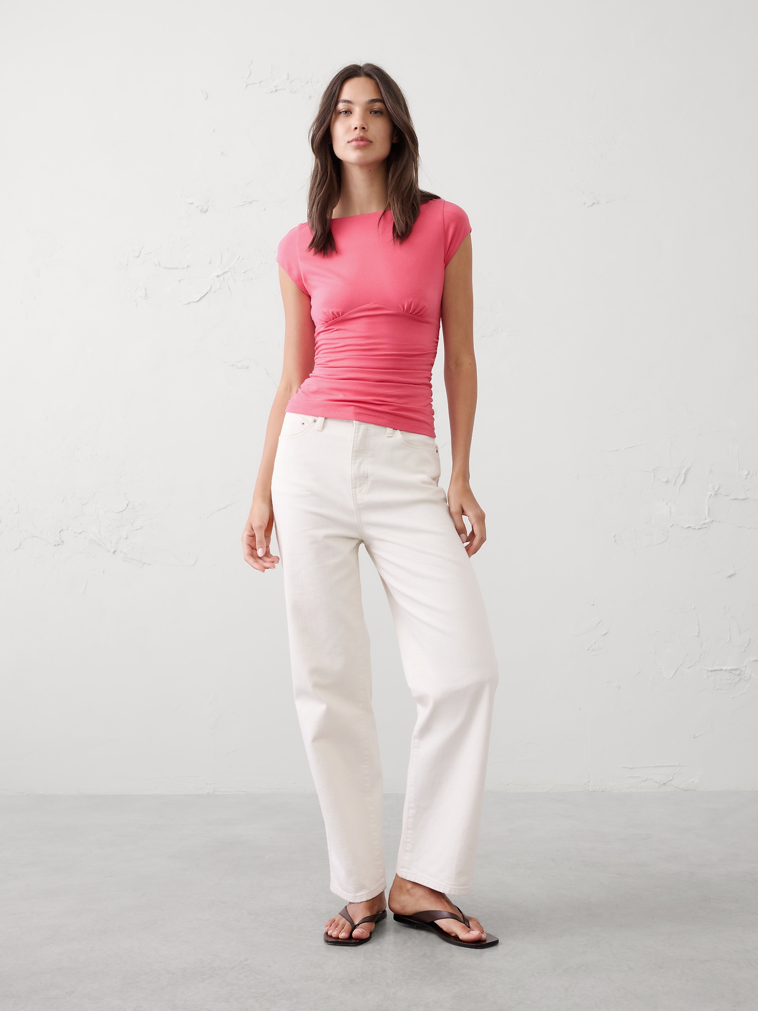 Soft Stretch Cap-Sleeve Ruched Top