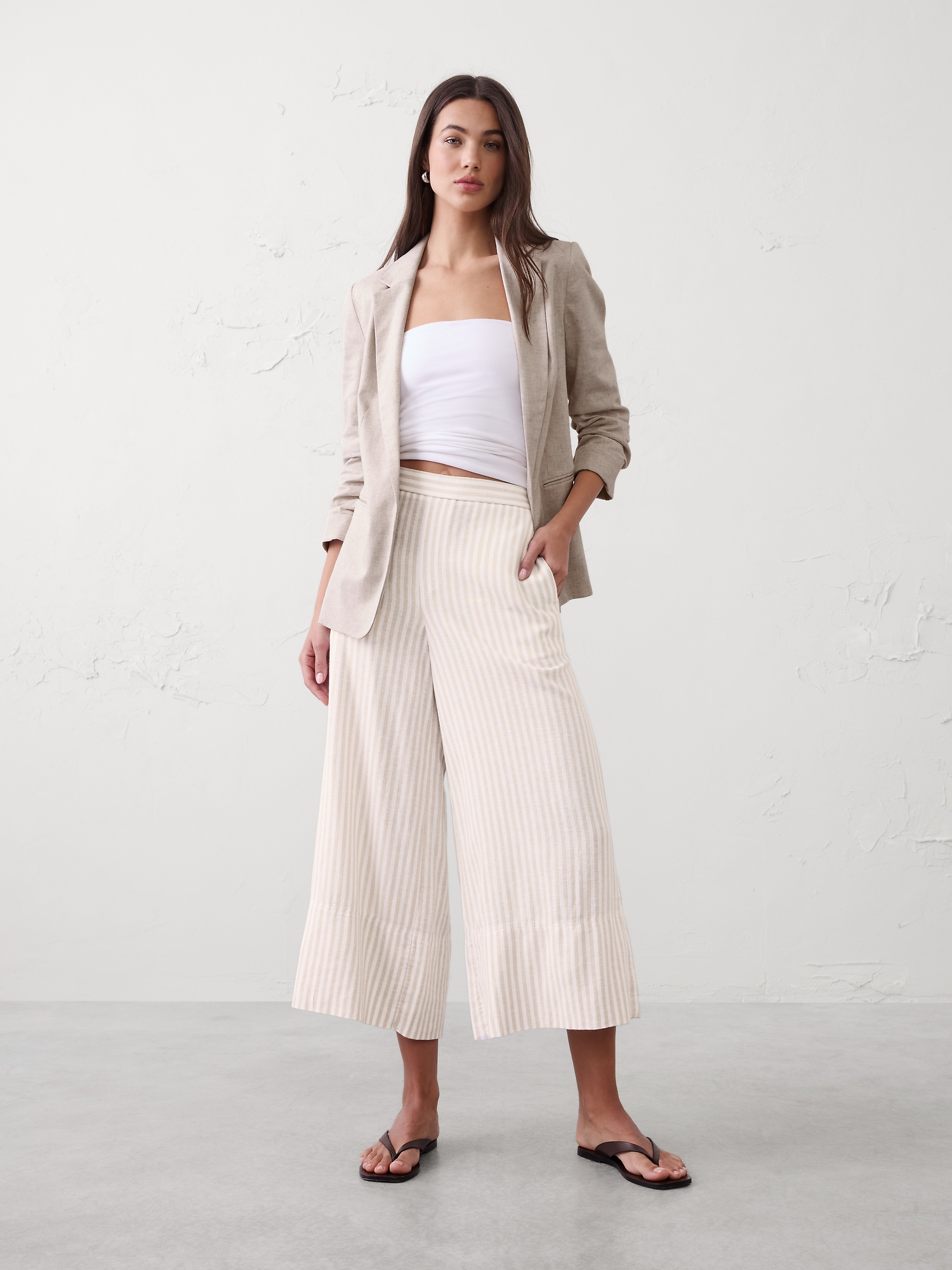 Wide-Leg High-Rise Linen-Blend Cropped Pull-On Pant