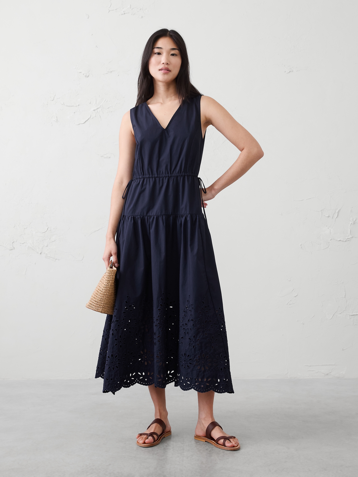Poplin Eyelet-Hem Midi Dress