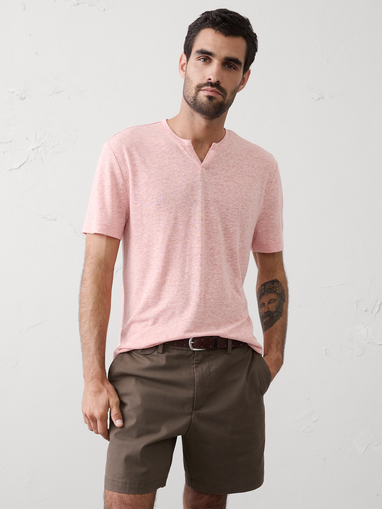 Standard-Fit Linen-Blend Notch T-Shirt