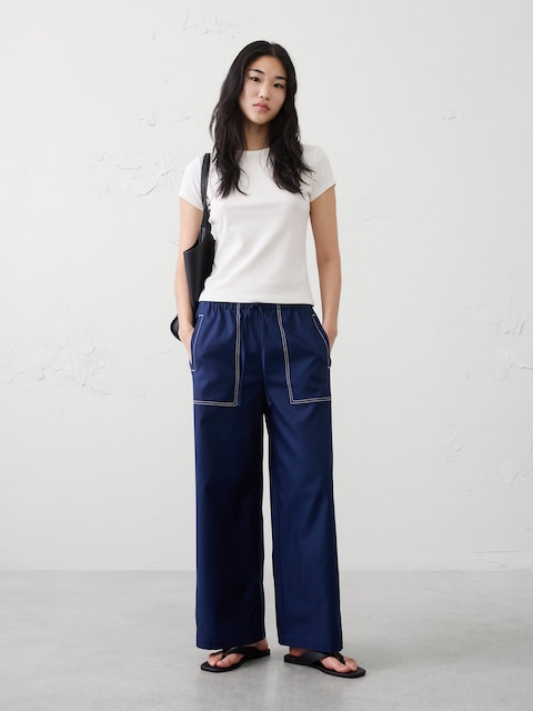 Wide-Leg Mid-Rise Twill Pull-On Utility Pant