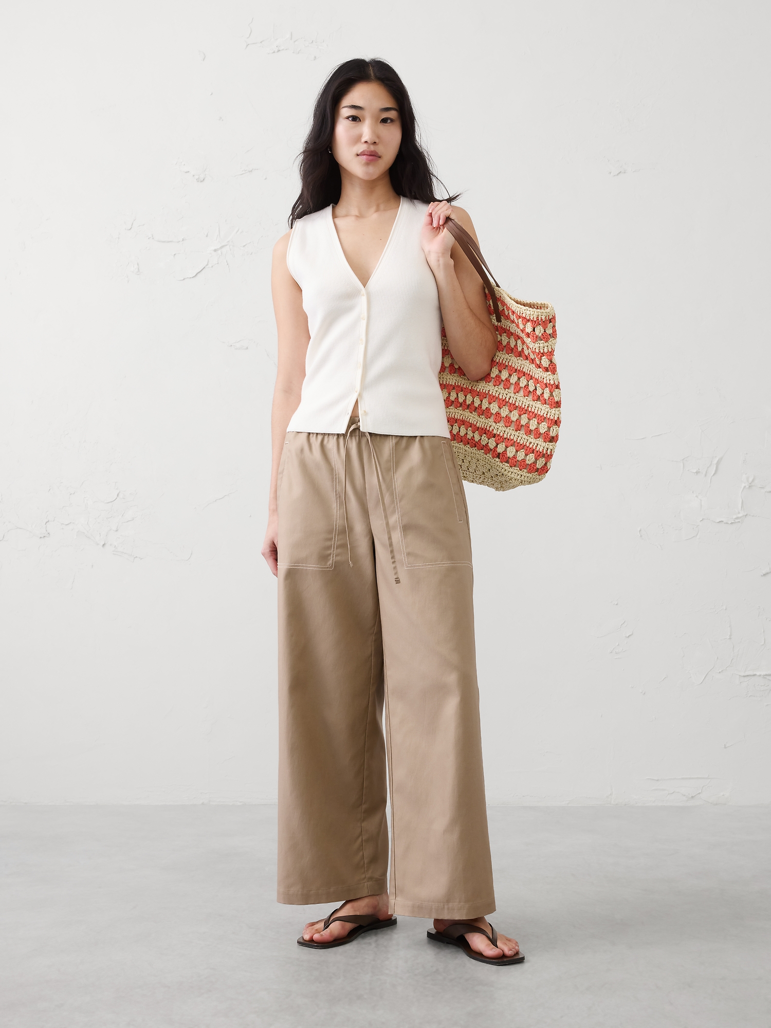 Image number 1 showing, Wide-Leg Mid-Rise Twill Pull-On Utility Pant