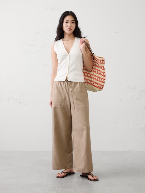 Wide-Leg Mid-Rise Twill Pull-On Utility Pant
