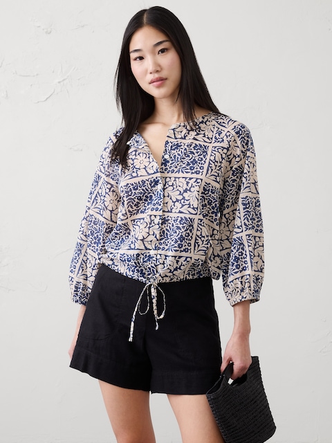Voile Blouson-Sleeve Drawstring-Hem Top
