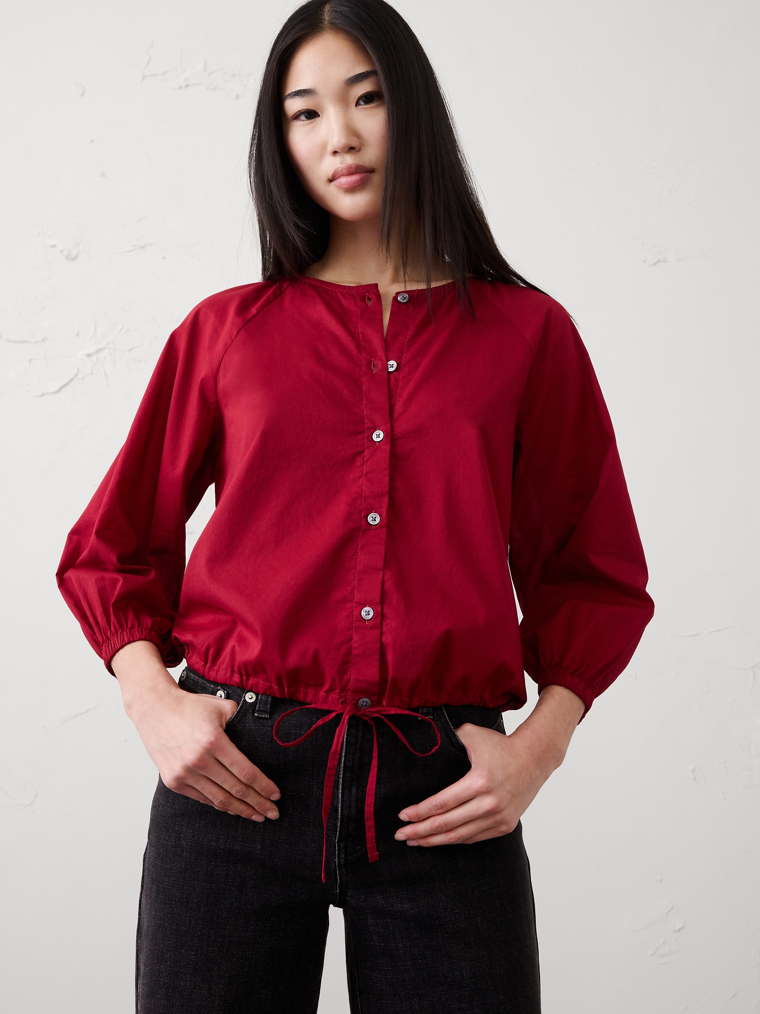 Image number 3 showing, Voile Blouson-Sleeve Drawstring-Hem Top