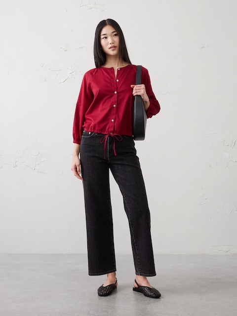 Voile Blouson-Sleeve Drawstring-Hem Top