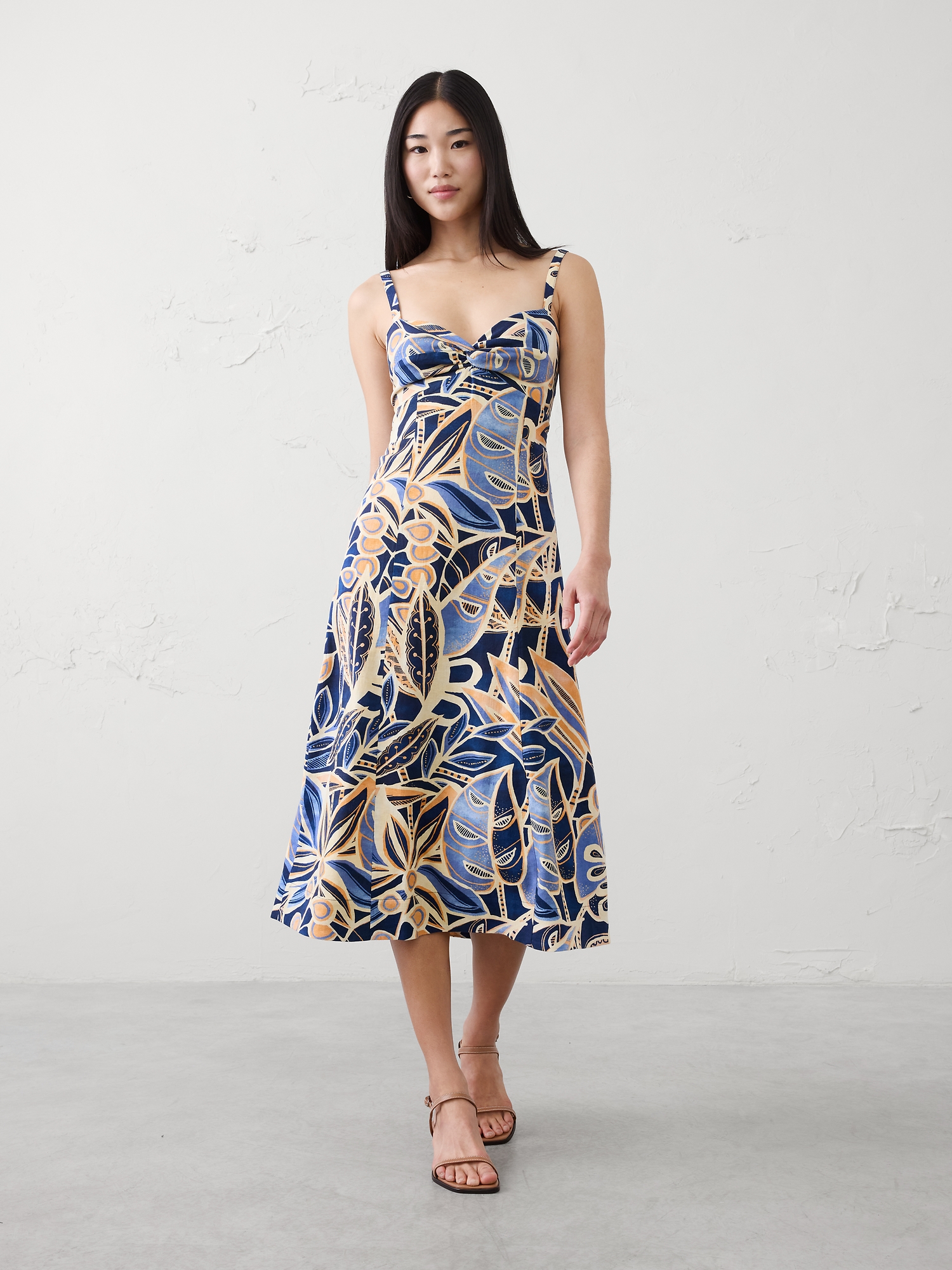 Image number 1 showing, Linen-Blend Strappy Twist-Front Midi Dress