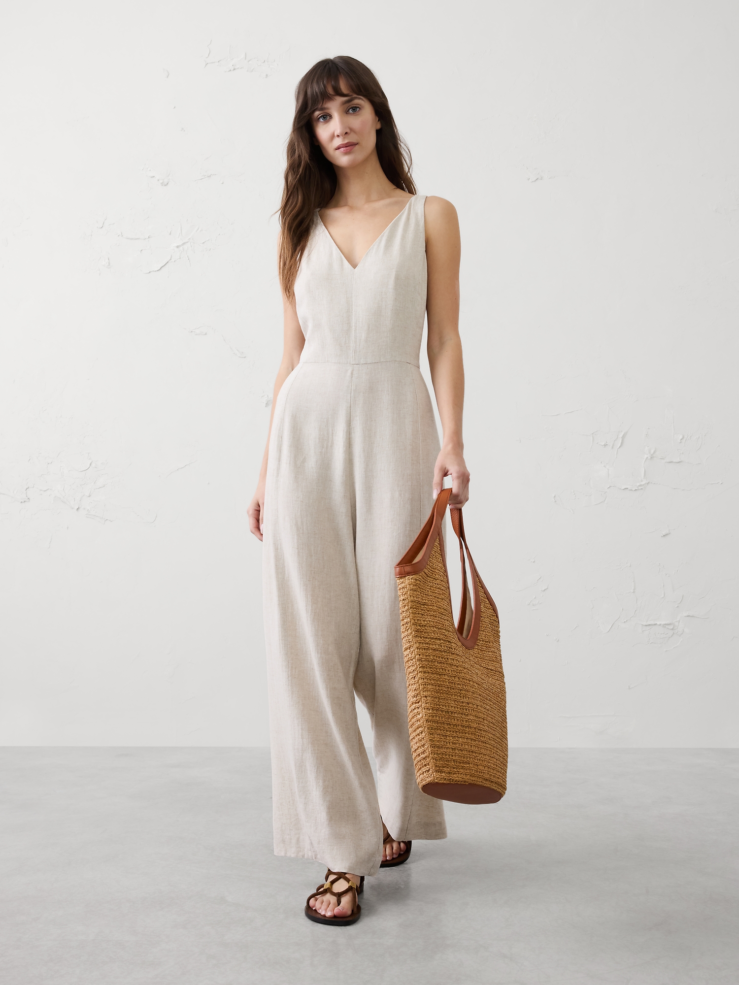 Image number 1 showing, Linen-Blend Vee-Neck Jumpsuit
