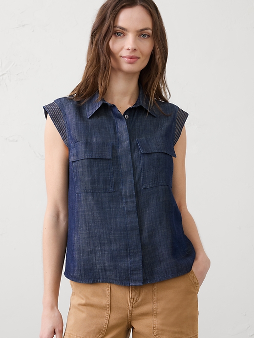 Denim Trapunto Cap-Sleeve Shirt | Banana Republic Factory