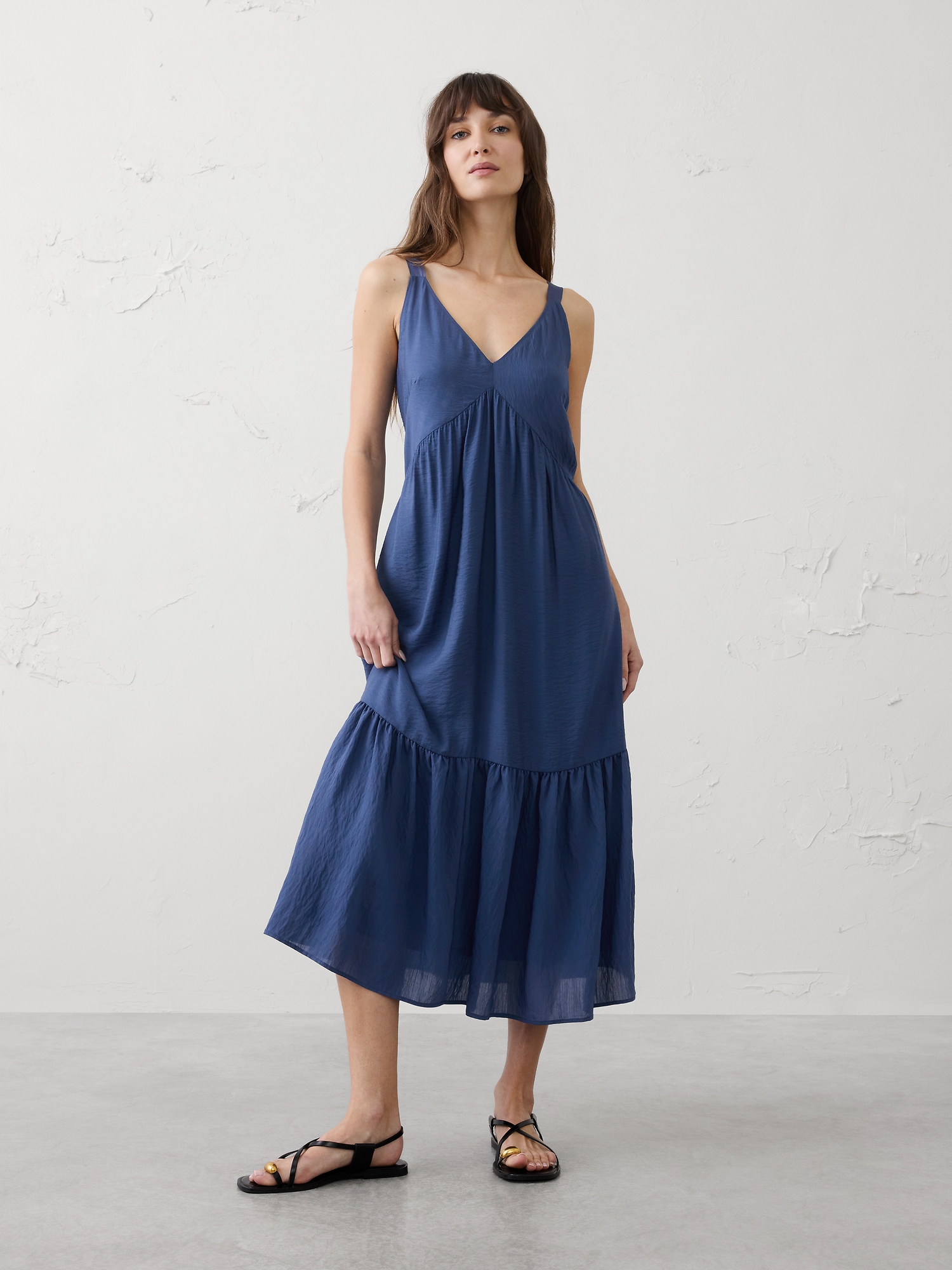 Image number 1 showing, Silky Slub Empire-Tiered Midi Dress