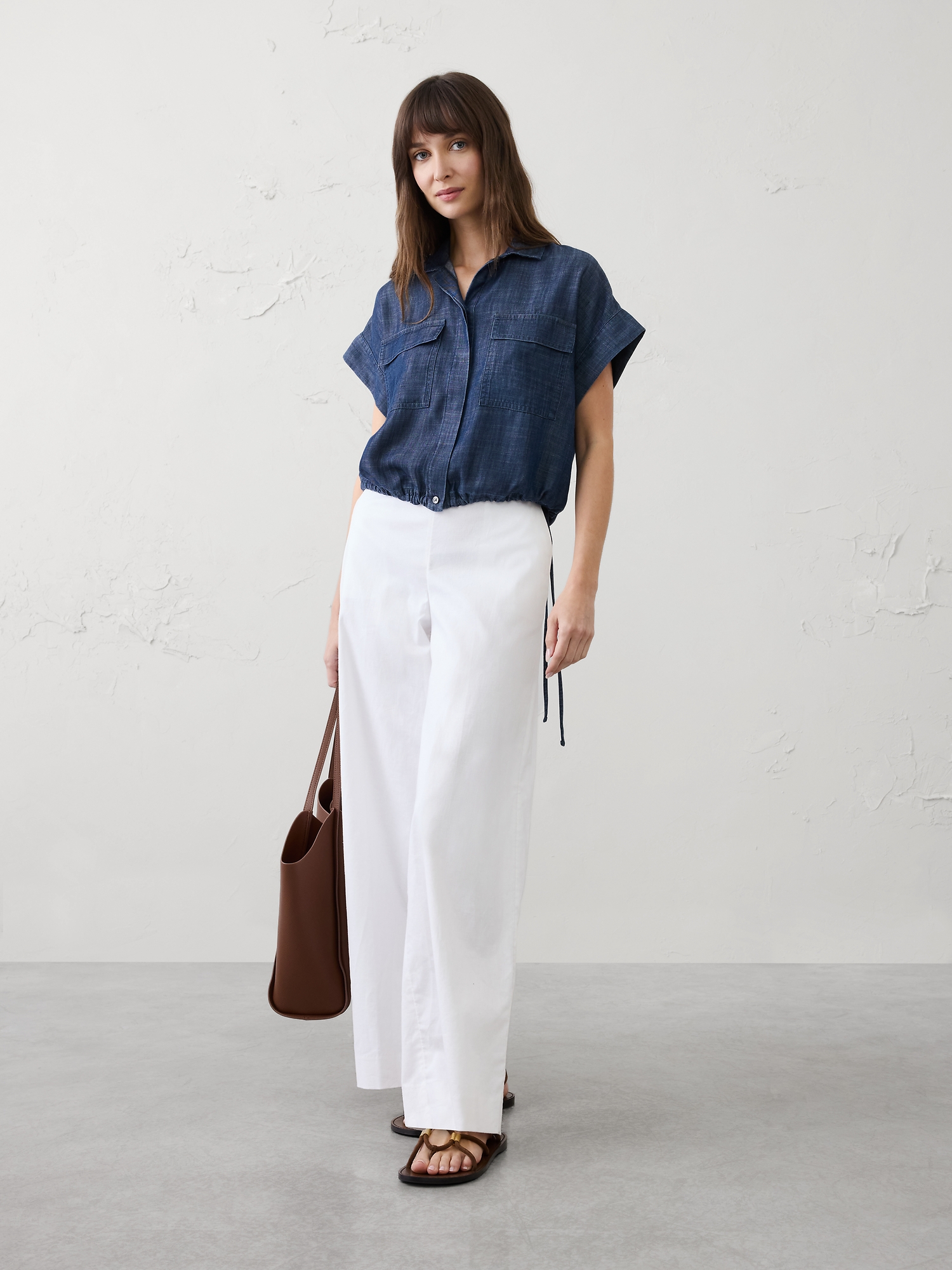 Image number 1 showing, Tencel Chambray Drawstring-Hem Shirt