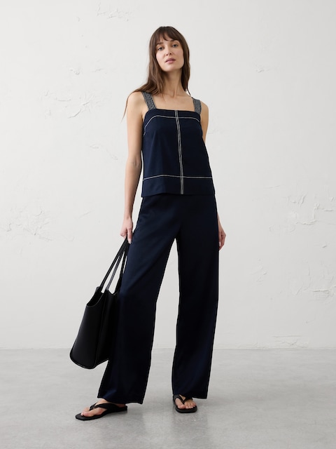 PANTALON À TAILLE HAUTE ÉLASTIQUE JAMBE LARGE EN SATIN FROISSÉ