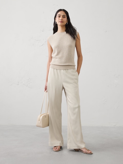 PANTALON À TAILLE HAUTE ÉLASTIQUE JAMBE LARGE EN SATIN FROISSÉ