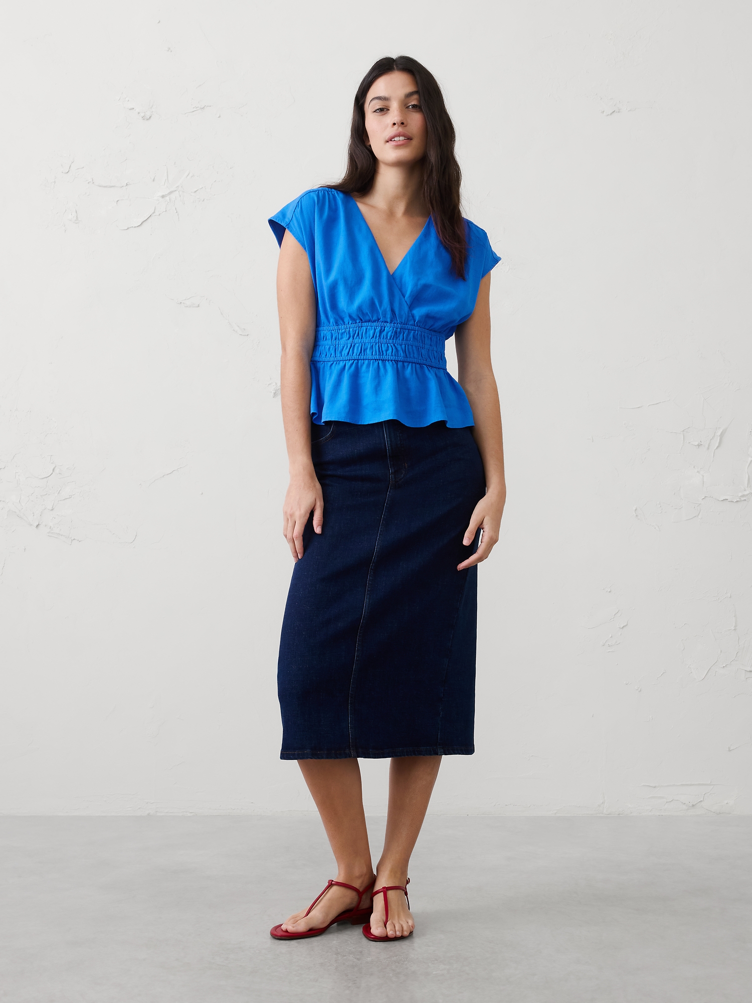 Image number 1 showing, Linen-Blend Elastic Surplice Top