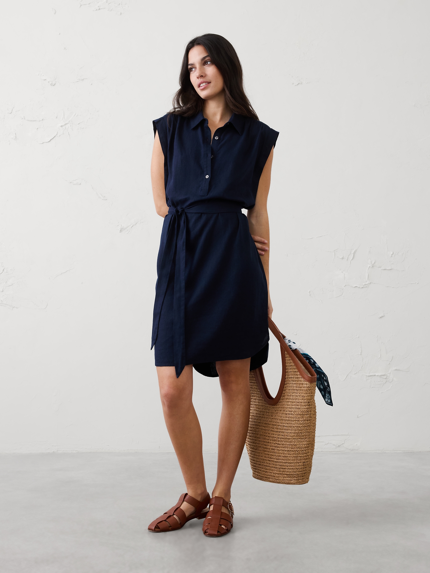 Image number 1 showing, Linen-Blend Knee-Length Shirtdress