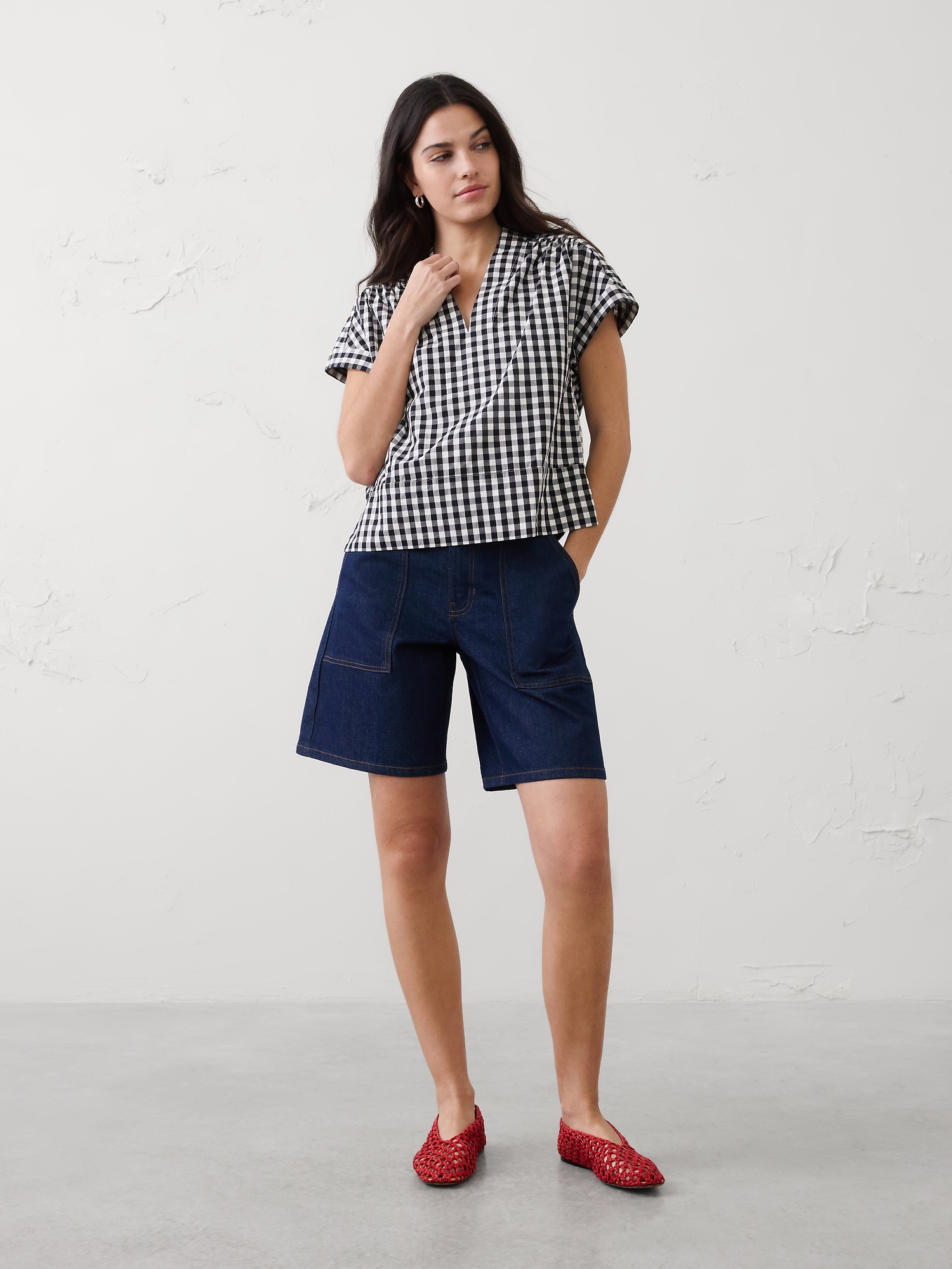 Image number 1 showing, Gingham Split-Neck Top