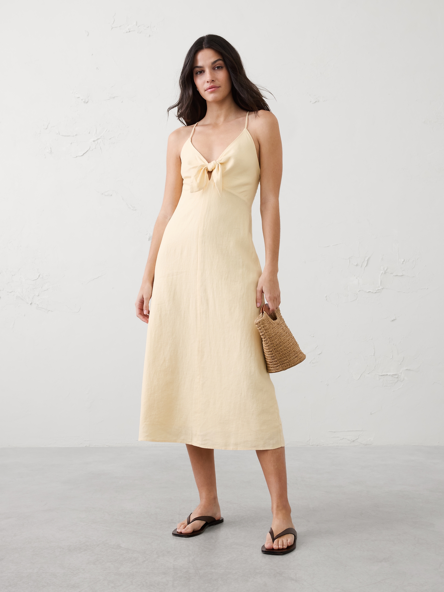 Image number 1 showing, Linen-Blend Tie-Front Midi Dress