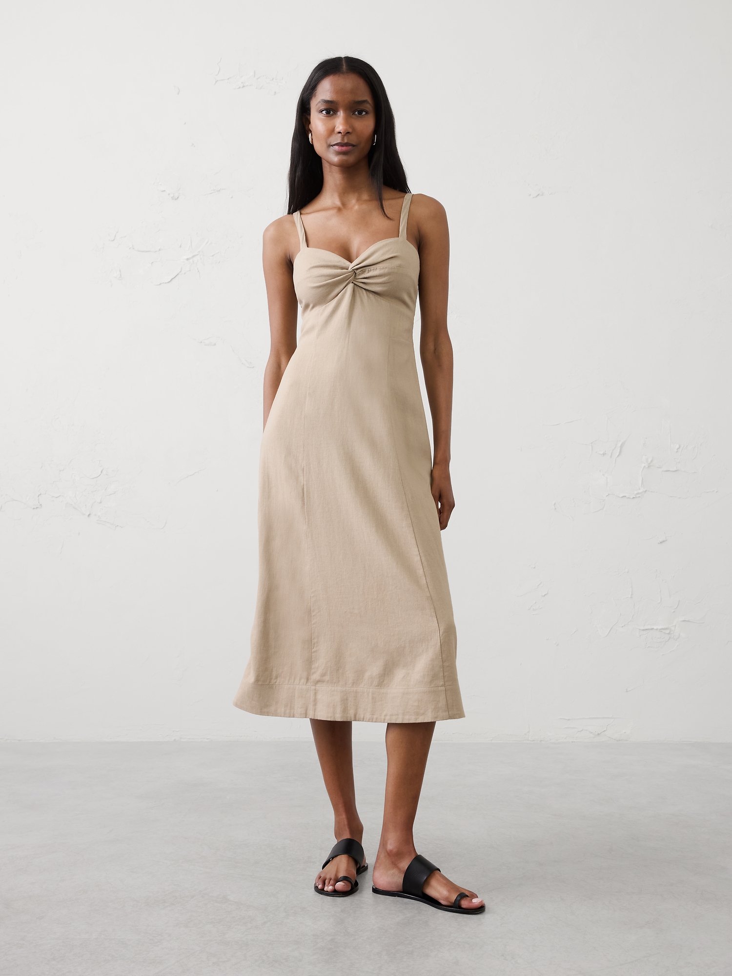 Image number 1 showing, Linen-Blend Strappy Twist-Front Midi Dress