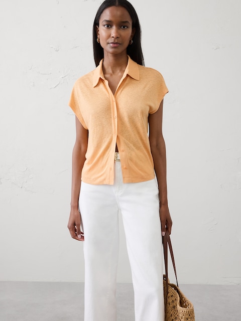 Linen-Blend Collared Top