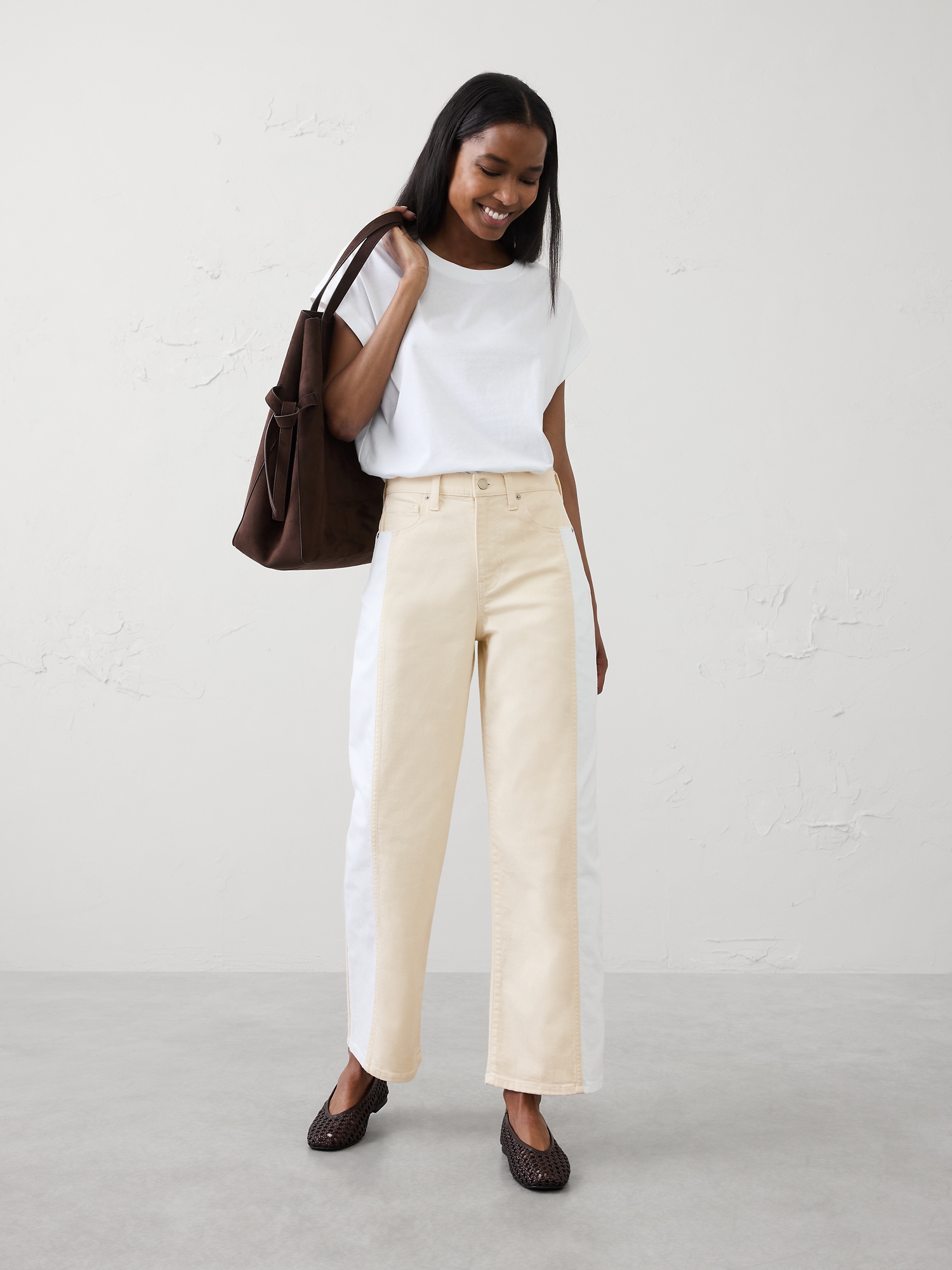 Image number 1 showing, Straight High-Rise Contrast Pieced Jean