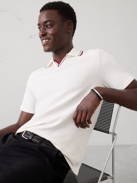Crinkle Ribbed Johnny-Collar Polo