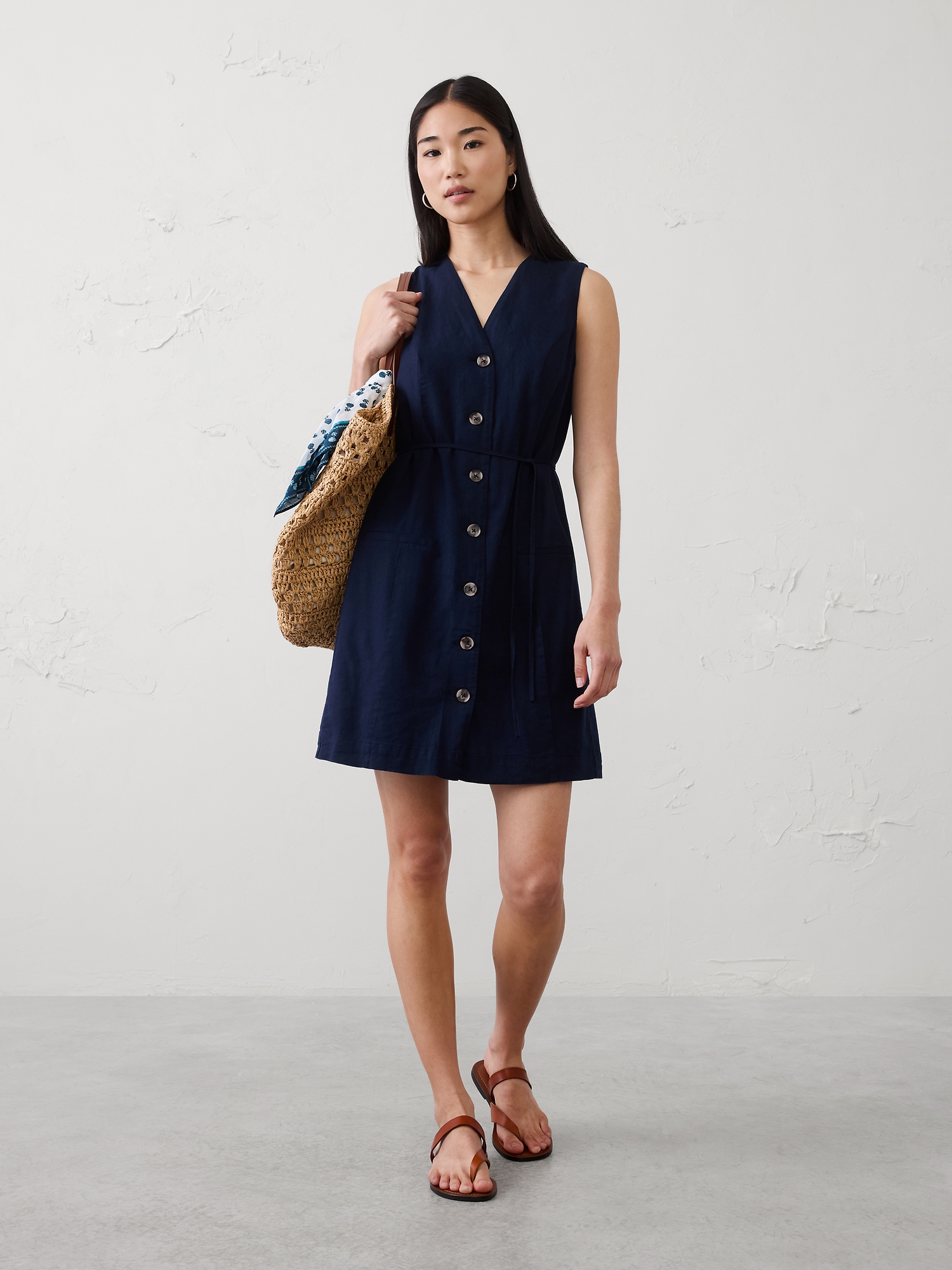 Image number 1 showing, Linen-Blend Button-Front Above-Knee Dress