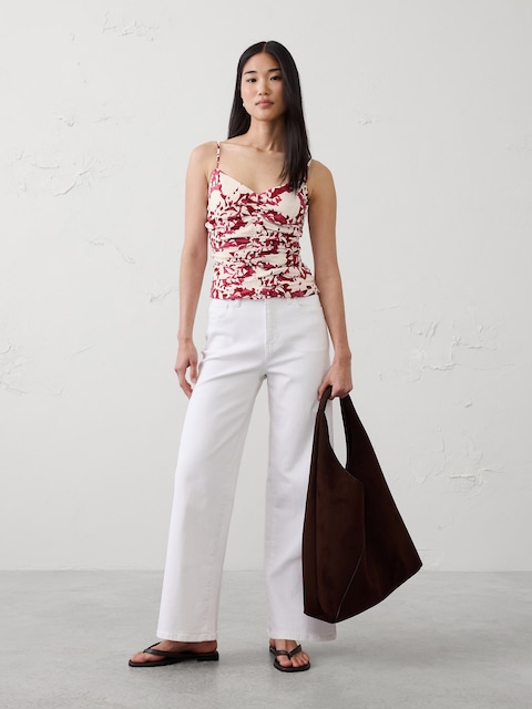 Linen-Blend Strappy Ruched Top