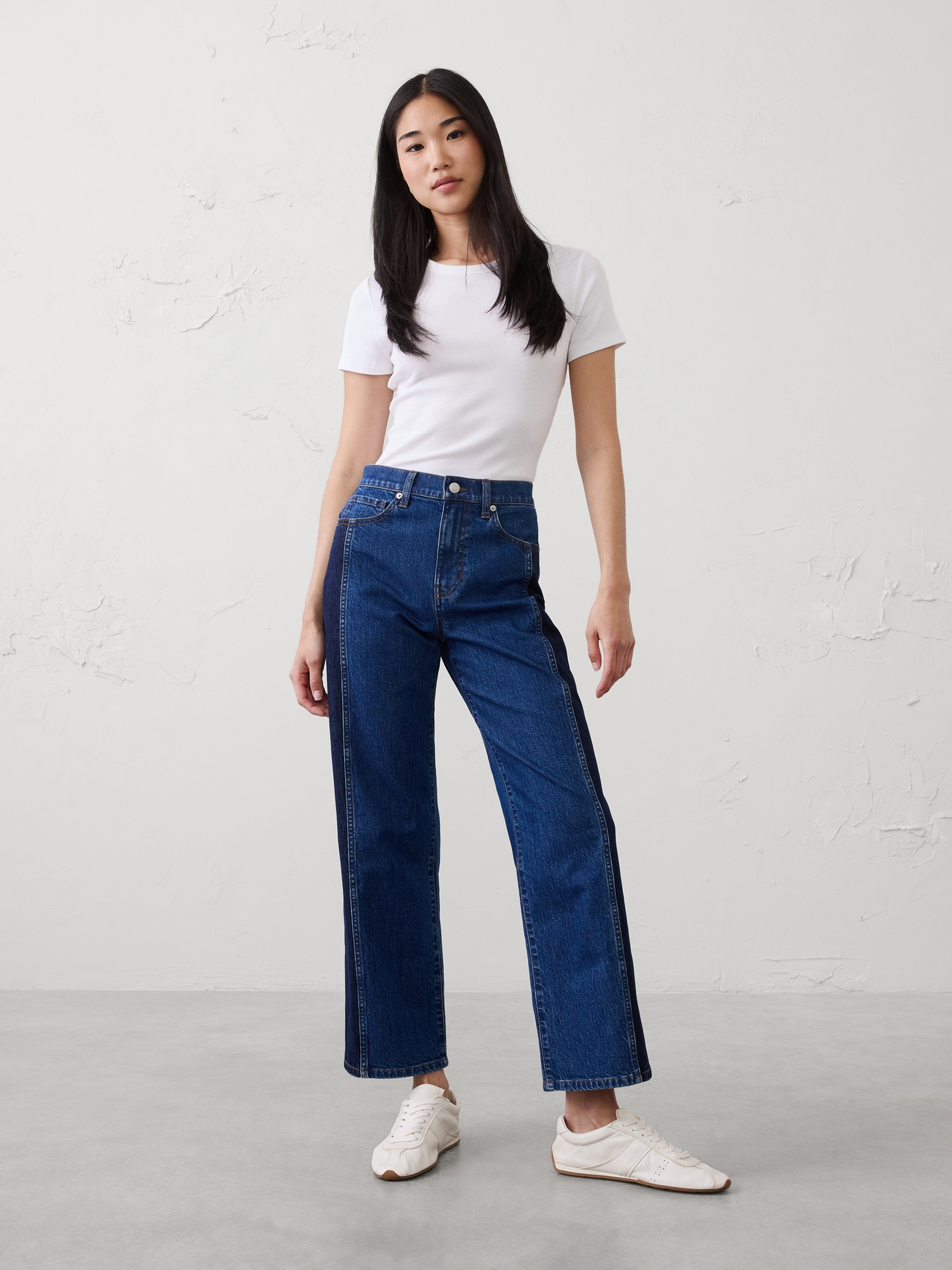 Image number 1 showing, Straight High-Rise Contrast Pieced Jean