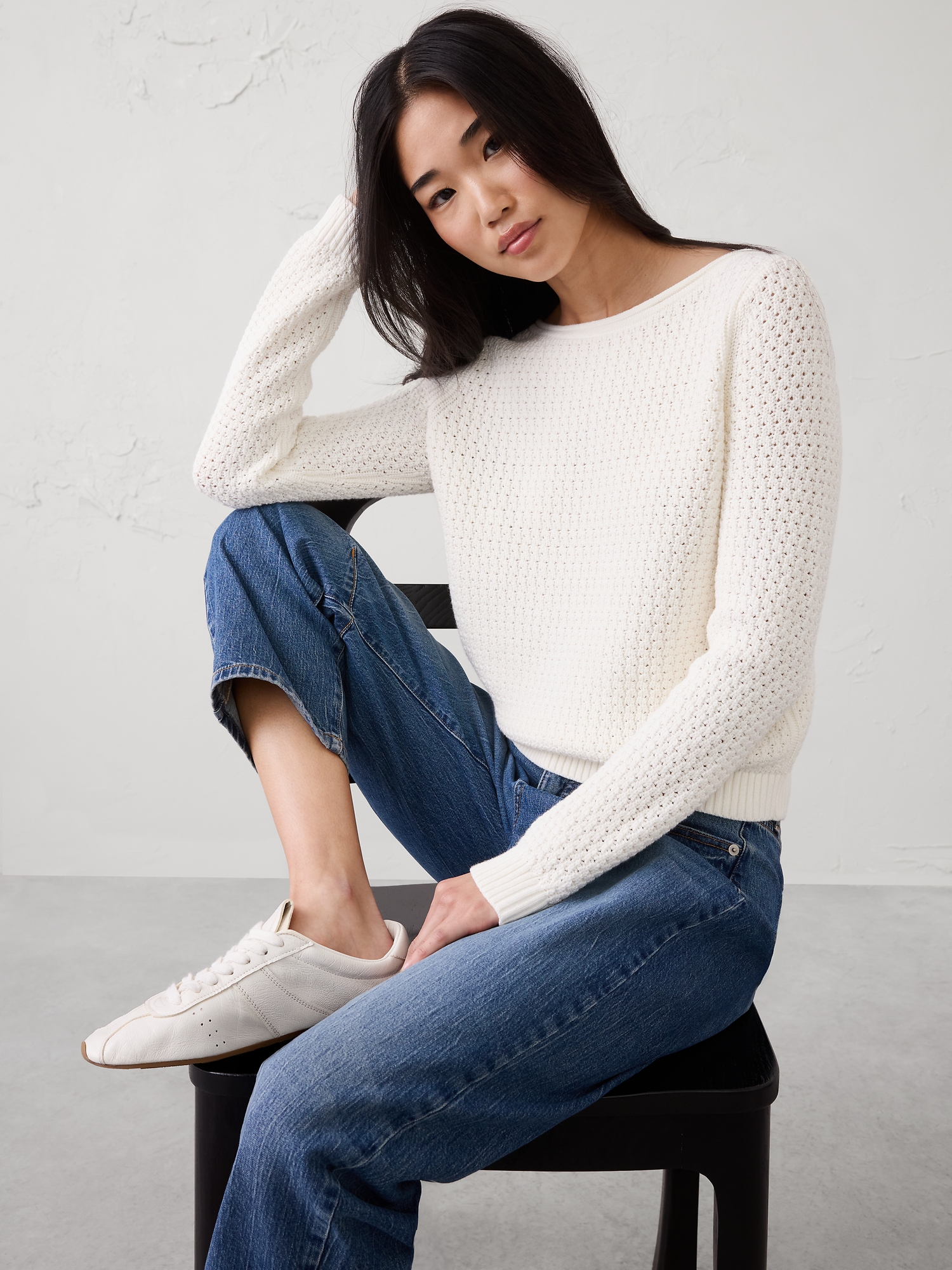 Image number 1 showing, Cotton Boatneck Crochet Sweater