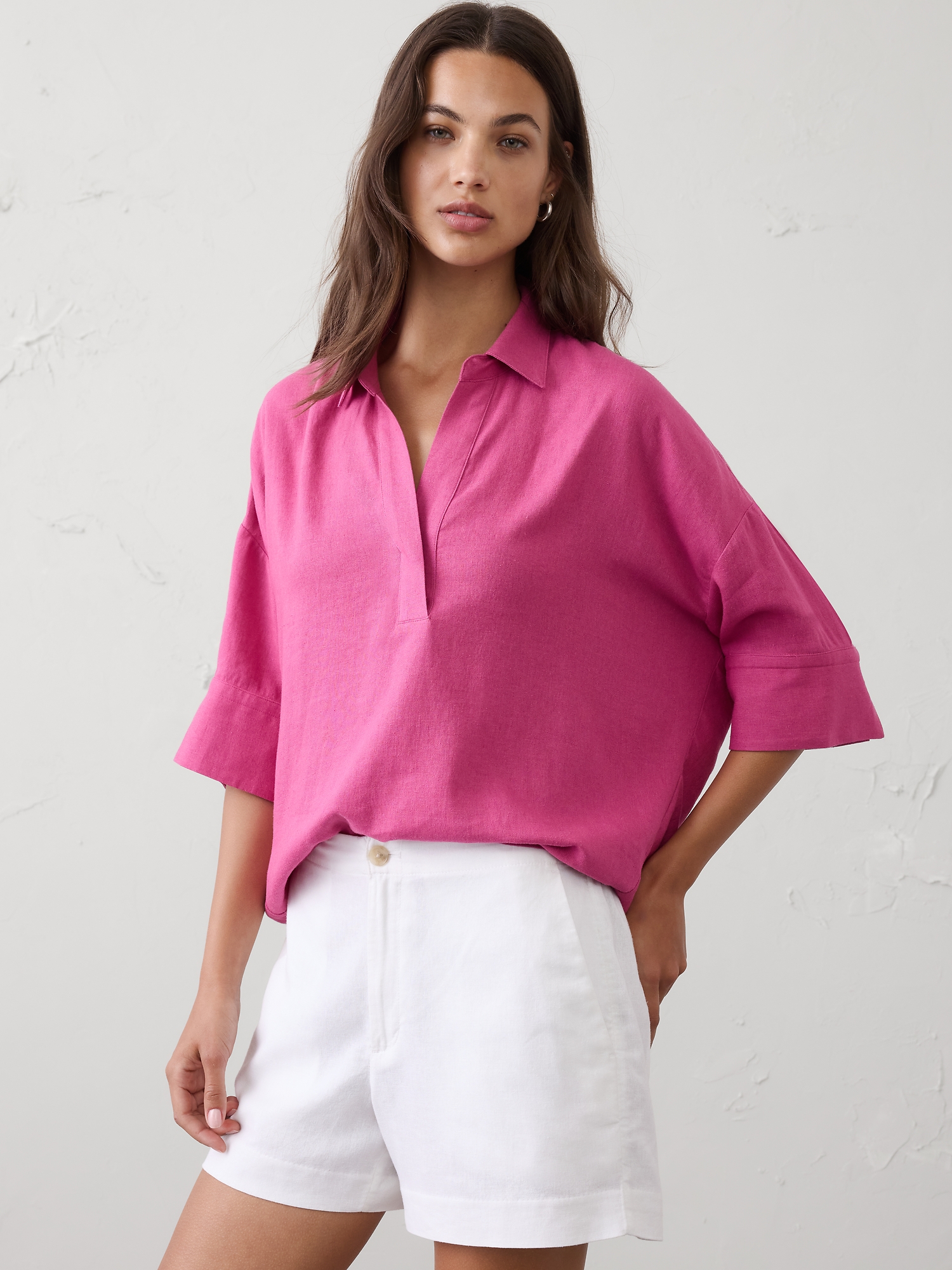 Image number 1 showing, Linen-Blend Drapey Popover Shirt