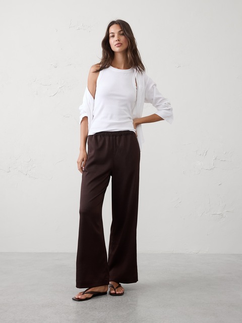 PANTALON À TAILLE HAUTE ÉLASTIQUE JAMBE LARGE EN SATIN FROISSÉ