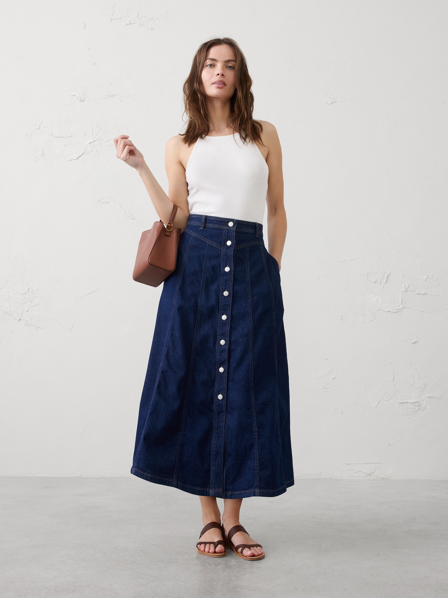 Image number 1 showing, Denim Seamed Midi Skirt