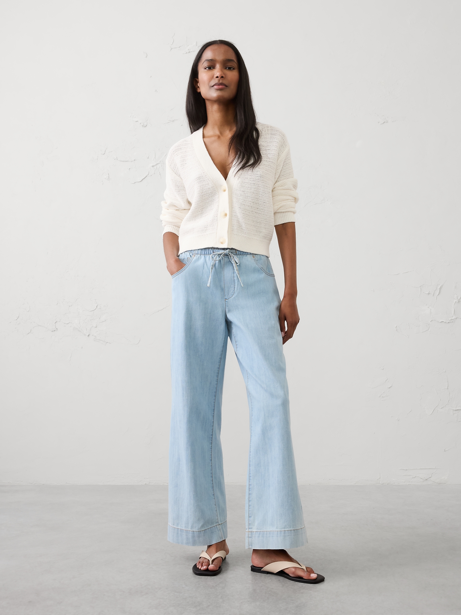 Image number 1 showing, Wide-Leg Mid-Rise Summerweight Pull-On Jean