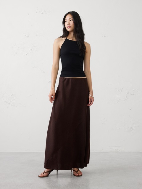 JUPE LONGUE À COUPE EN BIAIS À TAILLE EXTENSIBLE EN MÉLANGE DE LIN