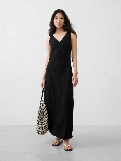 Linen-Blend Side-Slit Maxi Dress