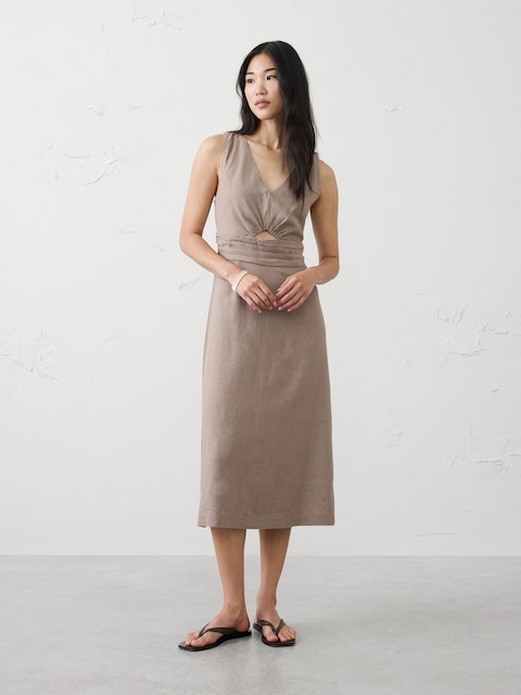 Linen-Blend Cutout Midi Dress