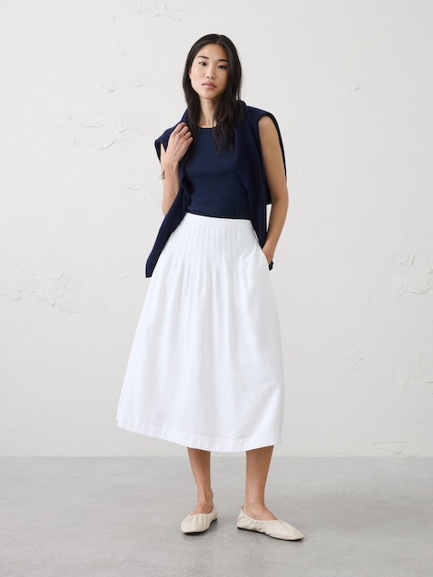 Linen-Blend Pintuck Midi Skirt