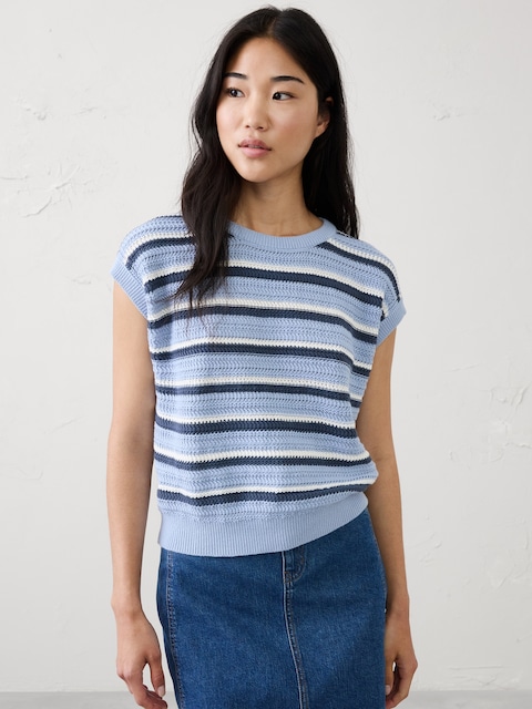Cotton Striped Textured Cap-Sleeve Sweater