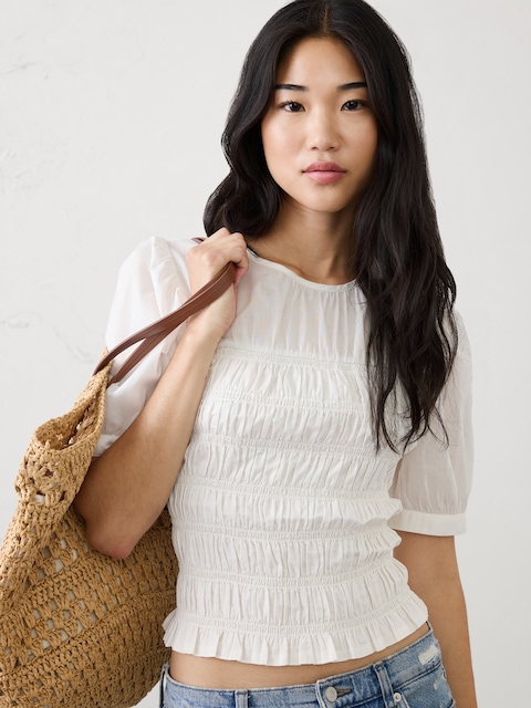 High-Neck Smocked Cropped Top