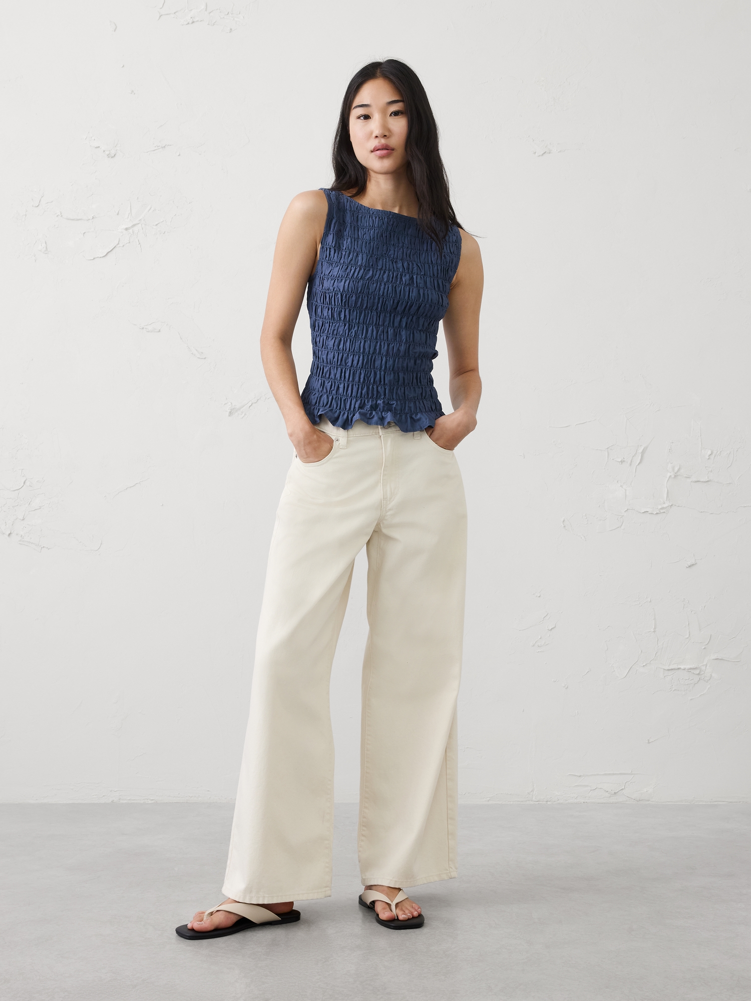 Image number 1 showing, Boatneck Smocked Cropped Top