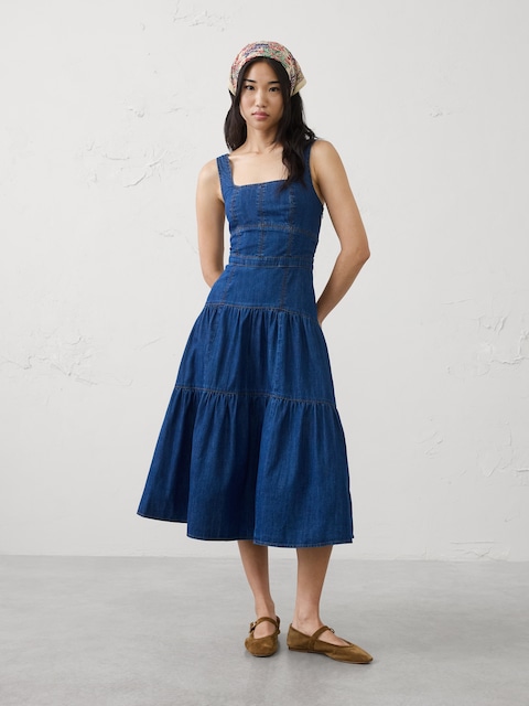 Square-Neck Tiered Denim Midi Dress