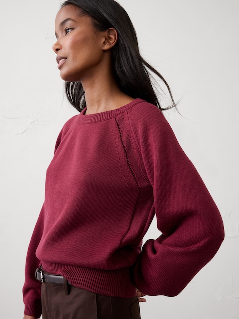 Cotton Pointelle Volume-Sleeve Sweater