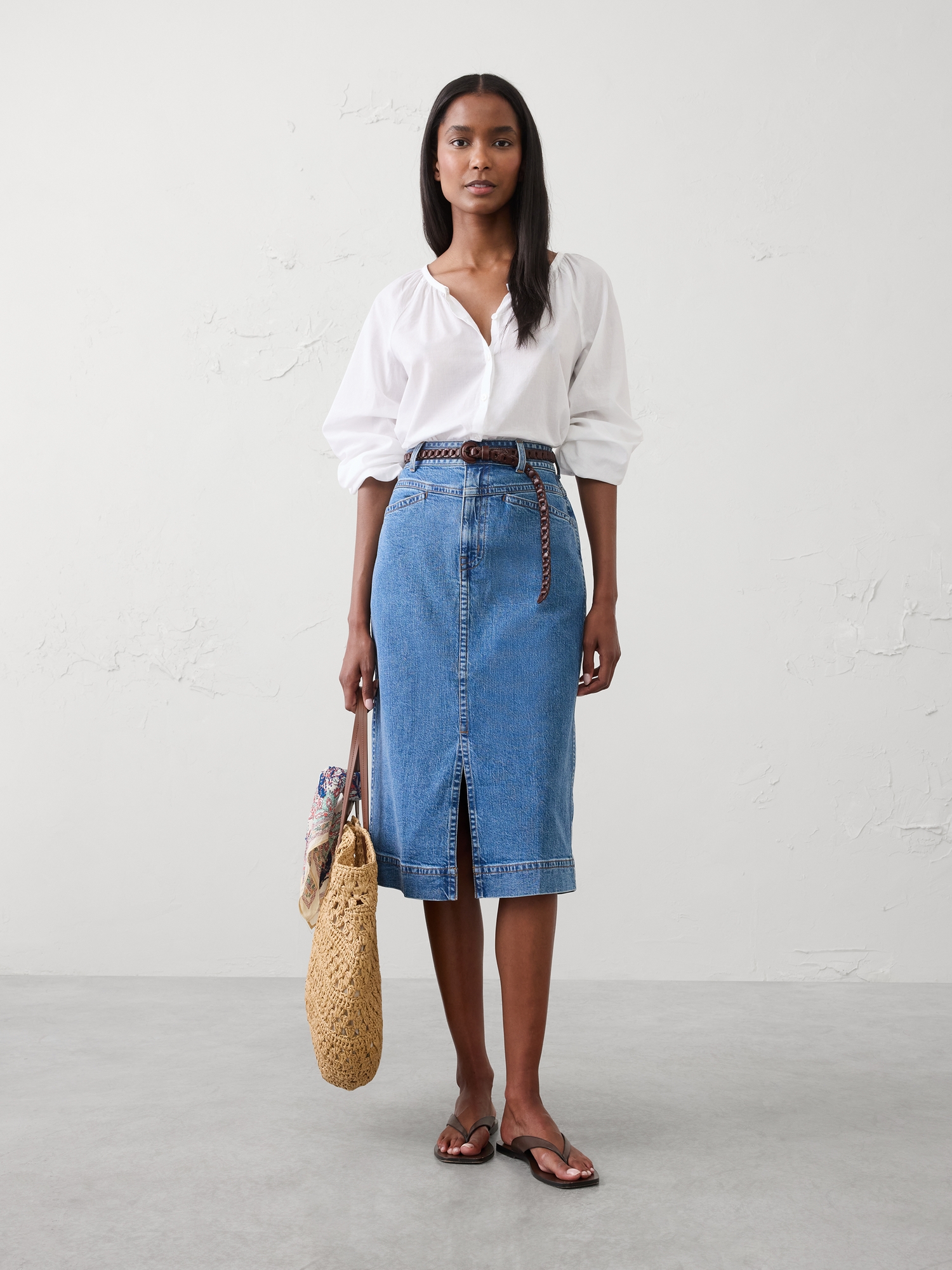 Image number 1 showing, Denim Slit-Front Midi Skirt
