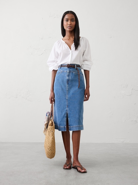 Denim Slit-Front Midi Skirt