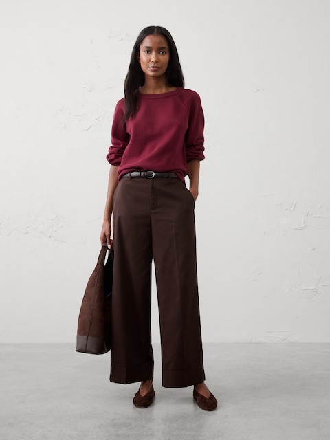 Wide-Leg Mid-Rise Drapey Twill Cuffed Pant