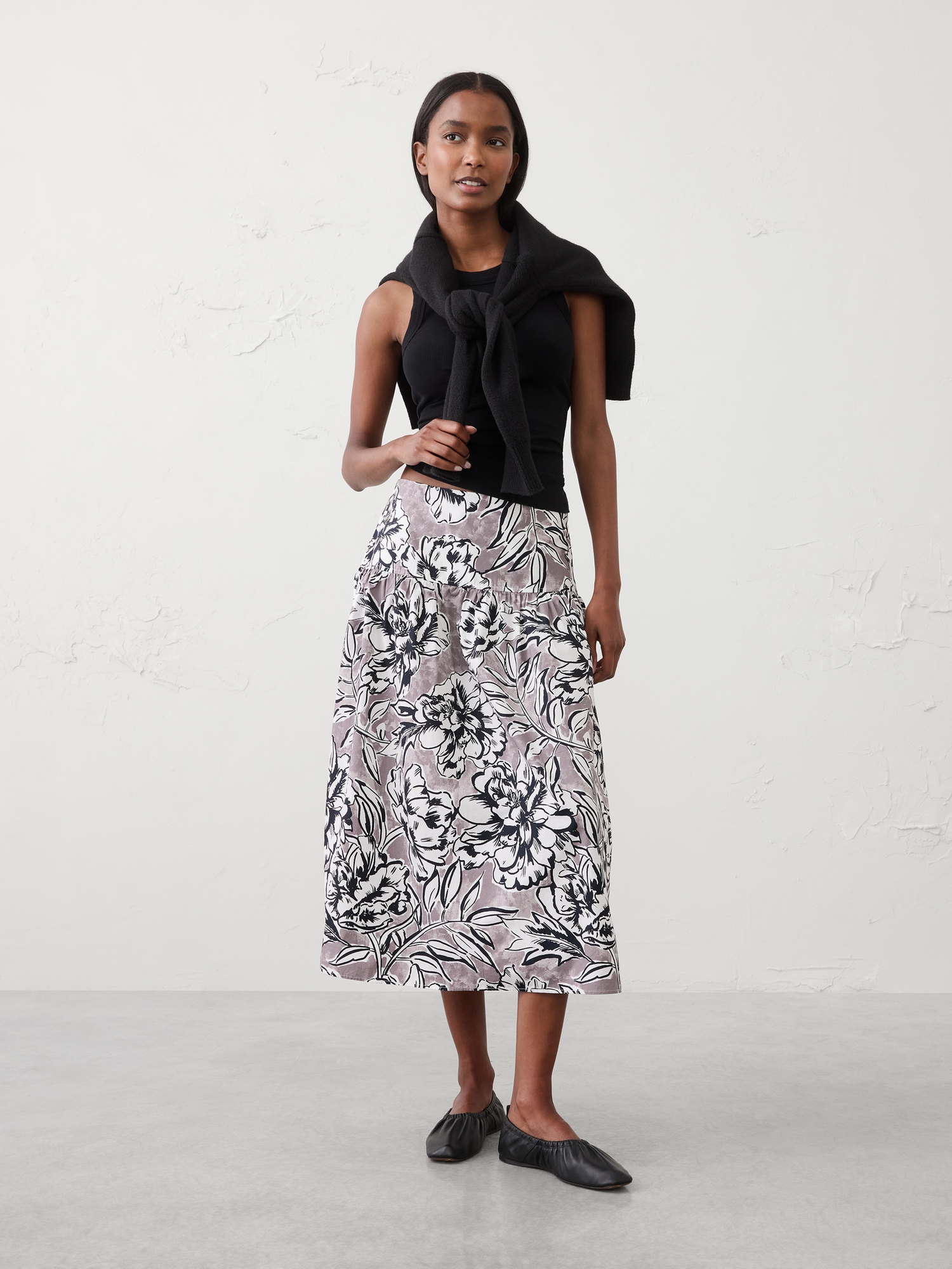 Image number 1 showing, Poplin Drop-Waist Midi Skirt