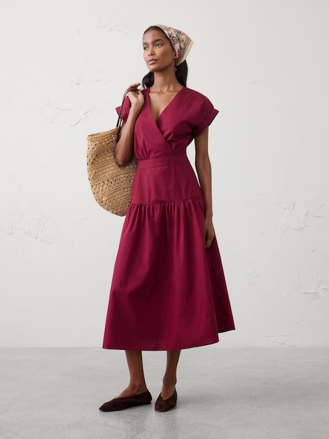 Poplin Surplice Midi Dress
